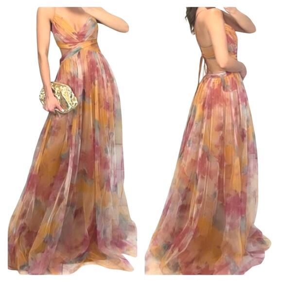 New Boutique Orange Pink Mesh Tulle Cut Out Strappy Long Maxi Gown SZ M - Picture 1 of 14